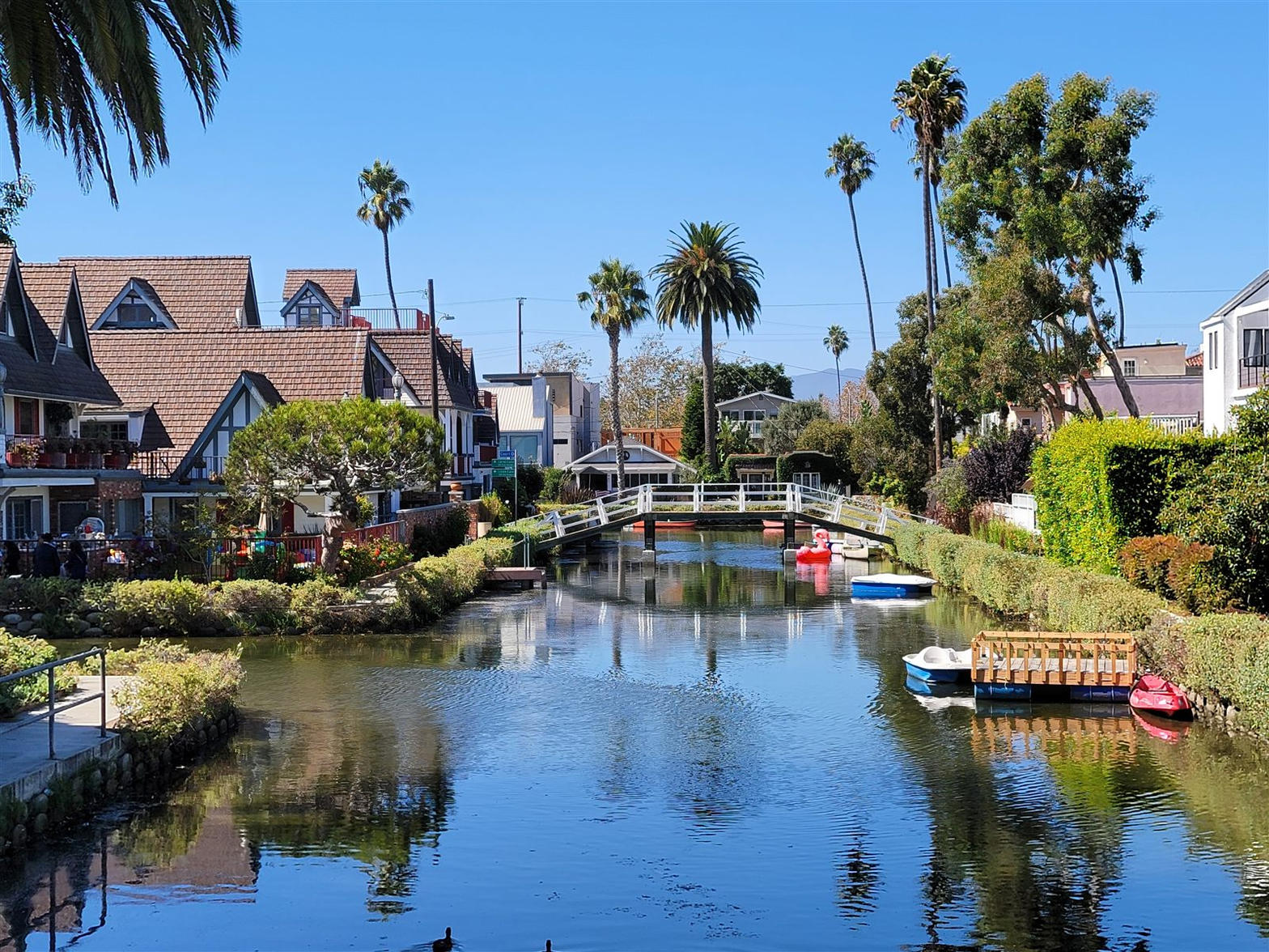 Footbridge over the Venice canals, houses and palms reflected in the water