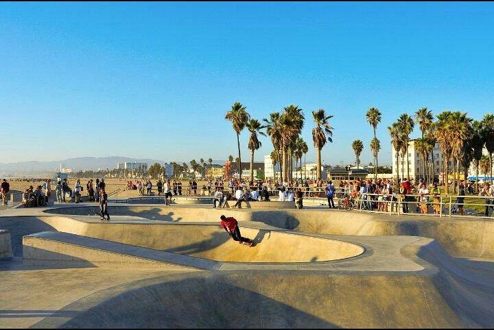 The Venice Beach skatepark bowl with the ocean behind it